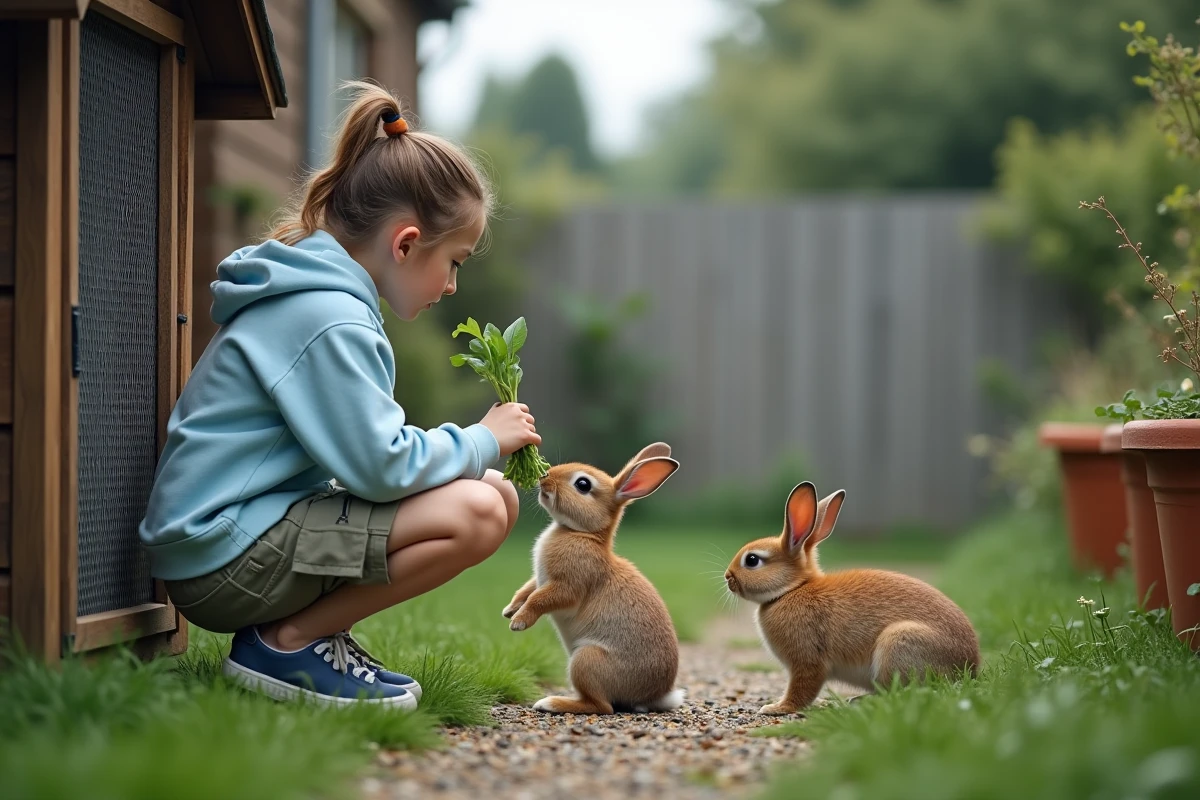 Adolescente nourrissant des lapins bélier dans un jardin, entretien et bien-être des petits animaux de compagnie au quotidien