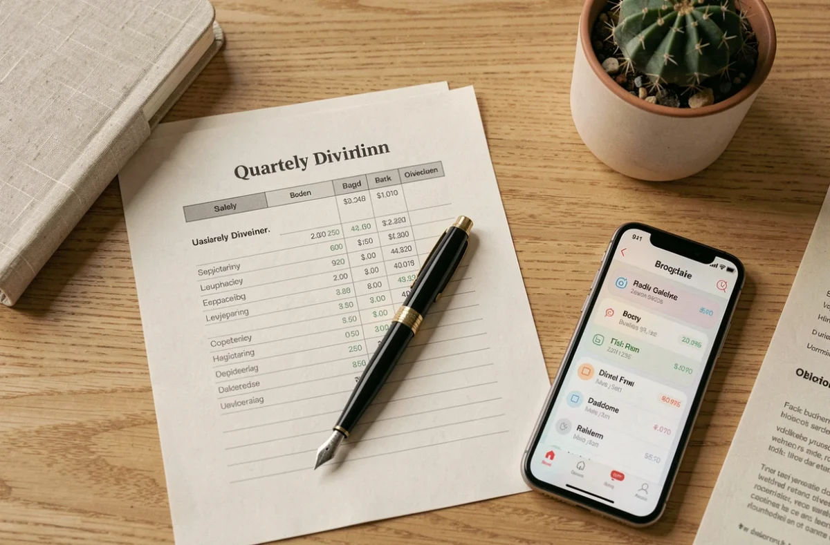 Vue du dessus d'un agenda financier avec calendrier de dividendes, stylo et application bourse sur smartphone