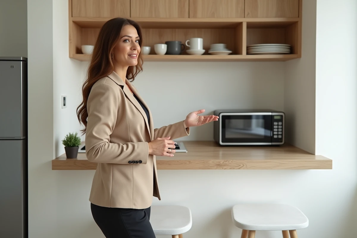 Agent immobilier présentant la cuisine optimisée d'une studette rénovée pour la location