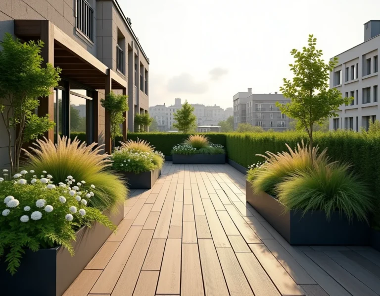 Vue panoramique d'une terrasse rooftop aménagée en jardin urbain avec pergola, dalles bois composite et végétation luxuriante sur fond de skyline citadin