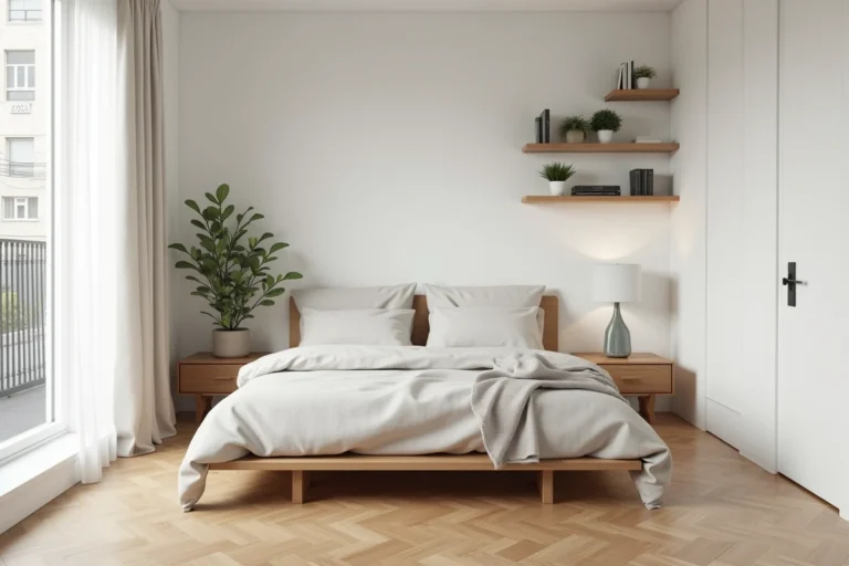 Studette aménagée et valorisée pour la vente avec literie neutre, bureau flottant et parquet clair