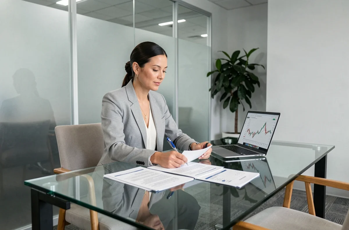 Femme analyste financière étudiant des documents sur les dividendes et graphiques boursiers en salle de réunion