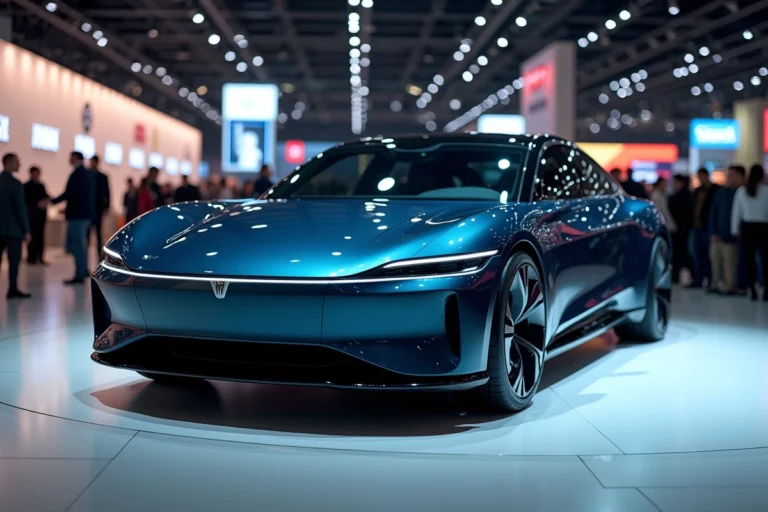 Nouvelle berline électrique exposée dans un salon automobile 2024 avec carrosserie bleu métallisé et design aérodynamique futuriste