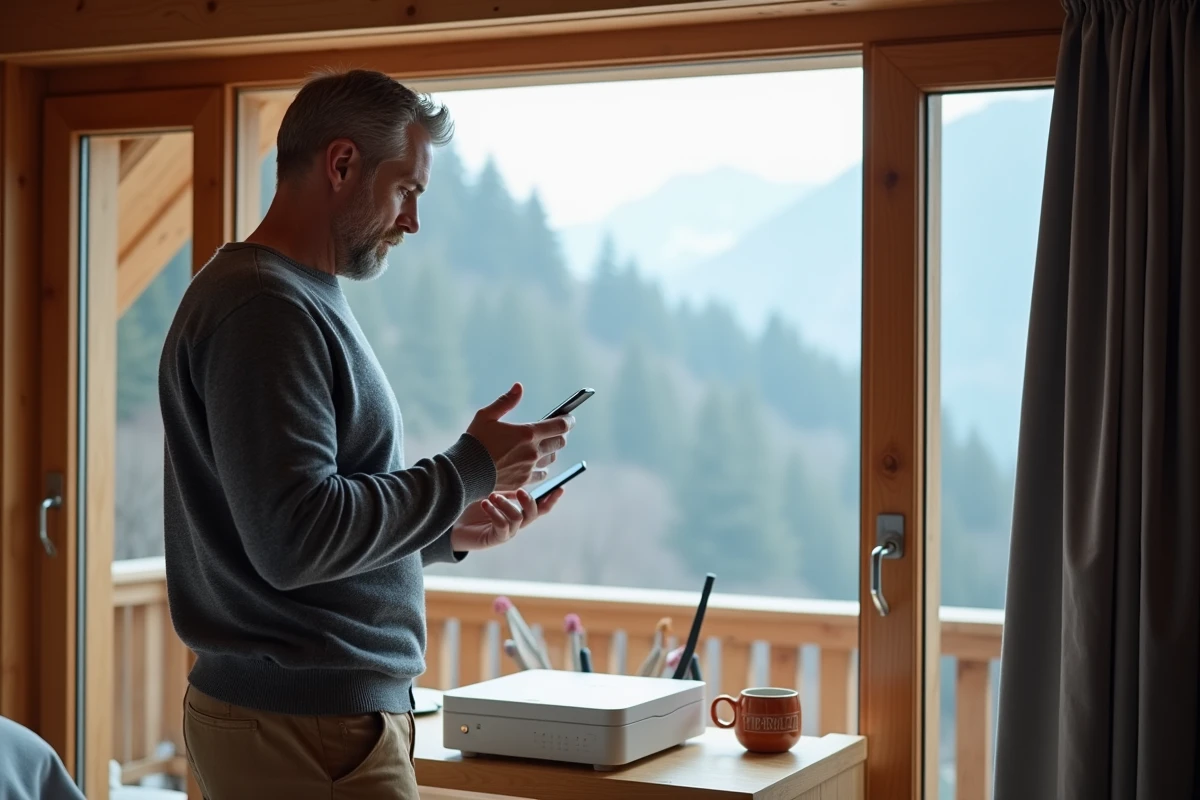 Homme vérifiant la connexion internet d'une box dans un chalet de montagne en résidence secondaire