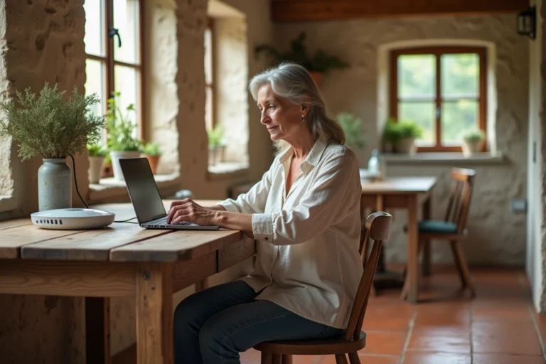Femme installant une box internet dans une résidence secondaire à la campagne