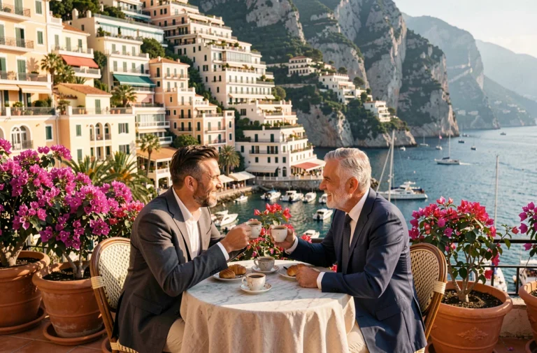 Couple élégant savourant un café en terrasse à Monaco avec vue panoramique sur la mer Méditerranée et les toits monégasques
