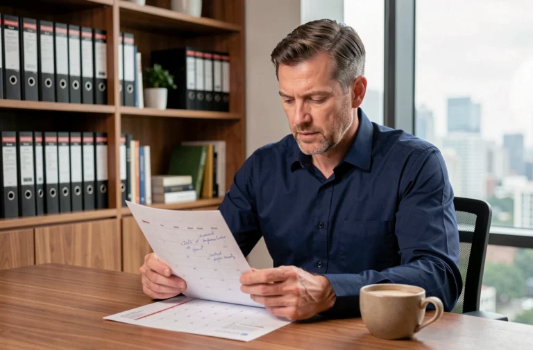Homme d'affaires en chemise bleue consultant un calendrier de versement de dividendes dans un bureau moderne
