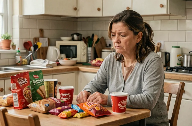 Femme d'âge moyen assise devant des aliments ultra-transformés dans une cuisine, illustrant les causes alimentaires de l'obésité