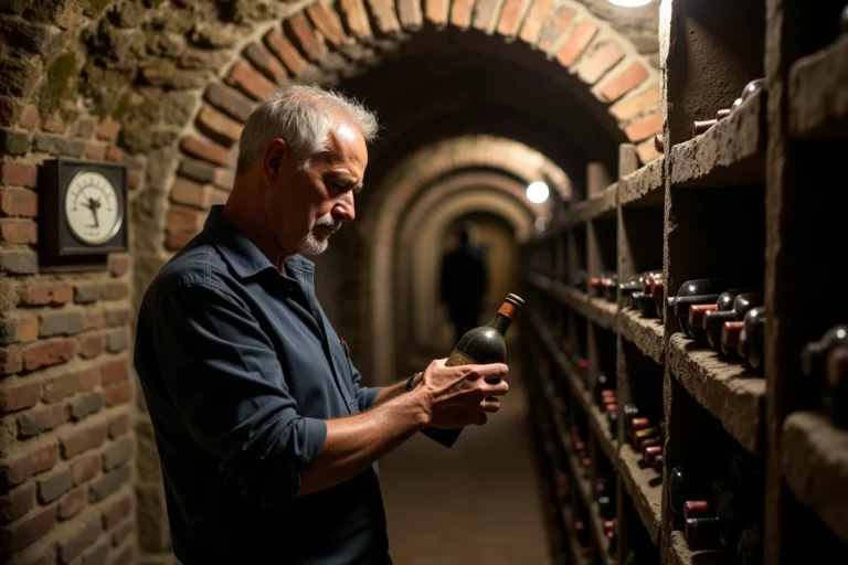 Cave à vin en pierre avec rangées de bouteilles et thermomètre analogique indiquant 12°C pour une conservation optimale