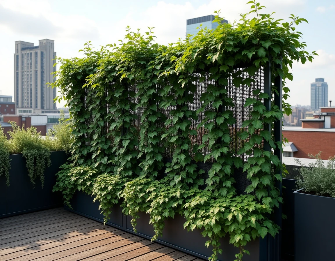 Claustra végétalisé brise-vent en résille métallique recouvert de plantes grimpantes sur terrasse rooftop avec fond urbain visible