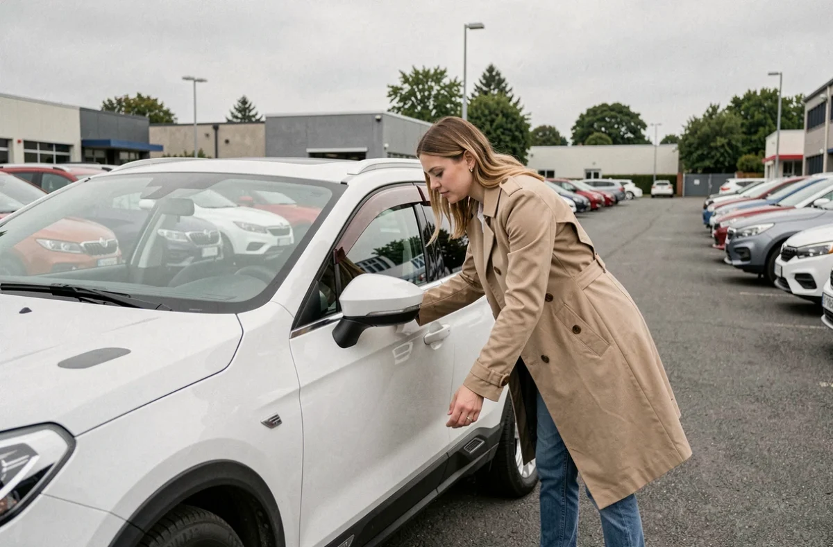 Femme cliente en manteau beige inspectant attentivement une SUV blanche d'occasion dans un parc de voitures à ciel ouvert