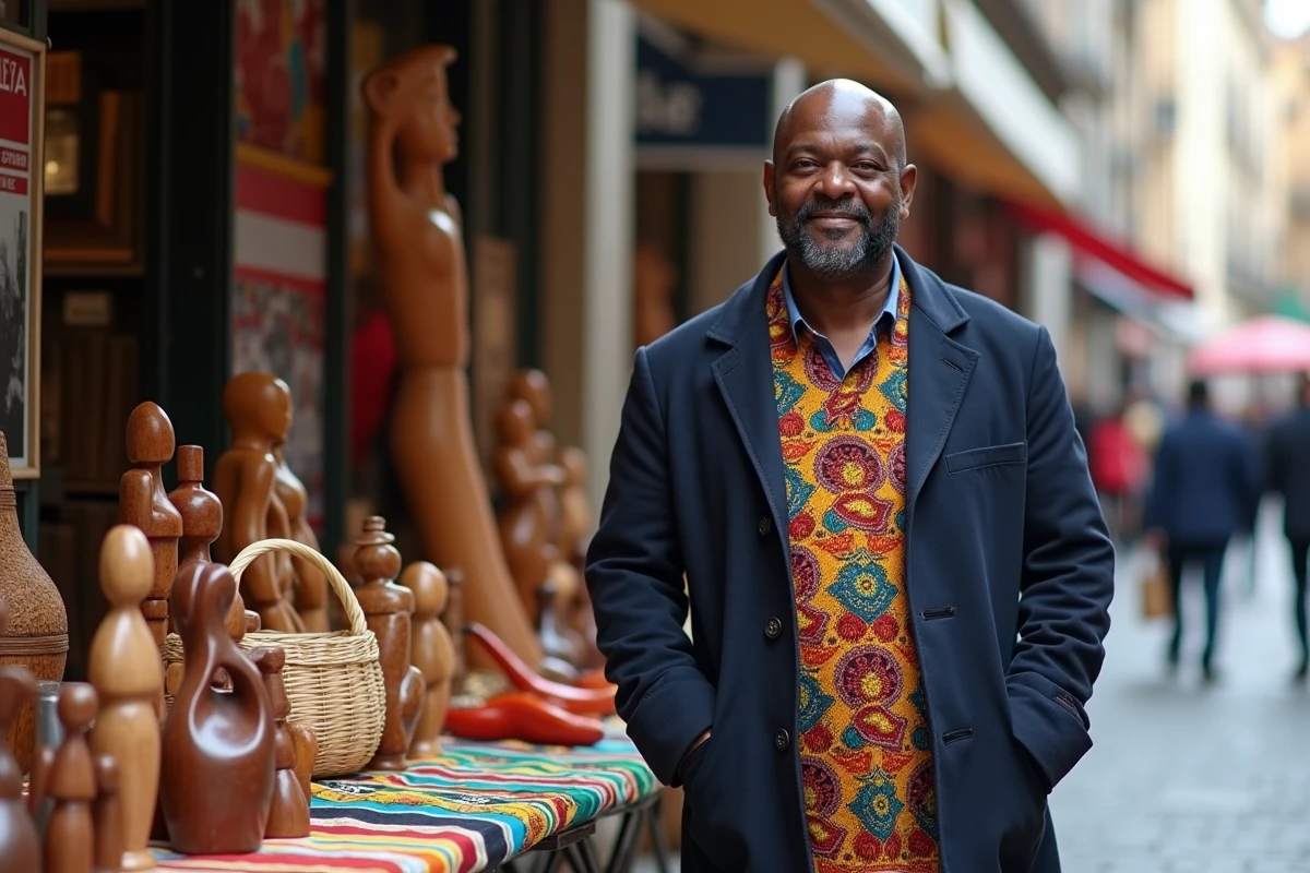 Commerçant ouest-africain tenant un stand de produits artisanaux traditionnels dans une rue pavée d'une ville européenne, symbole de l'intégration économique et culturelle de la diaspora africaine