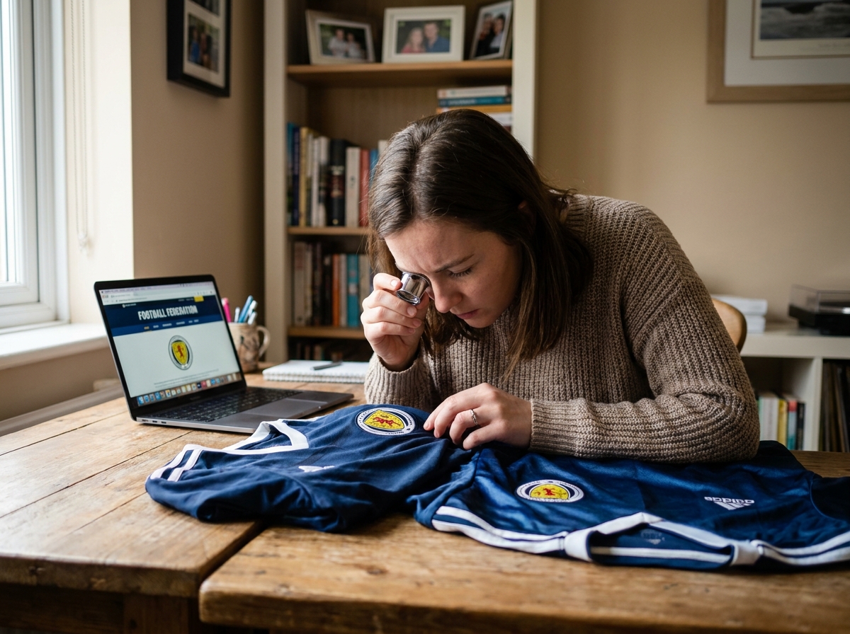Femme comparant un maillot officiel et une contrefaçon de l'équipe de France à son bureau