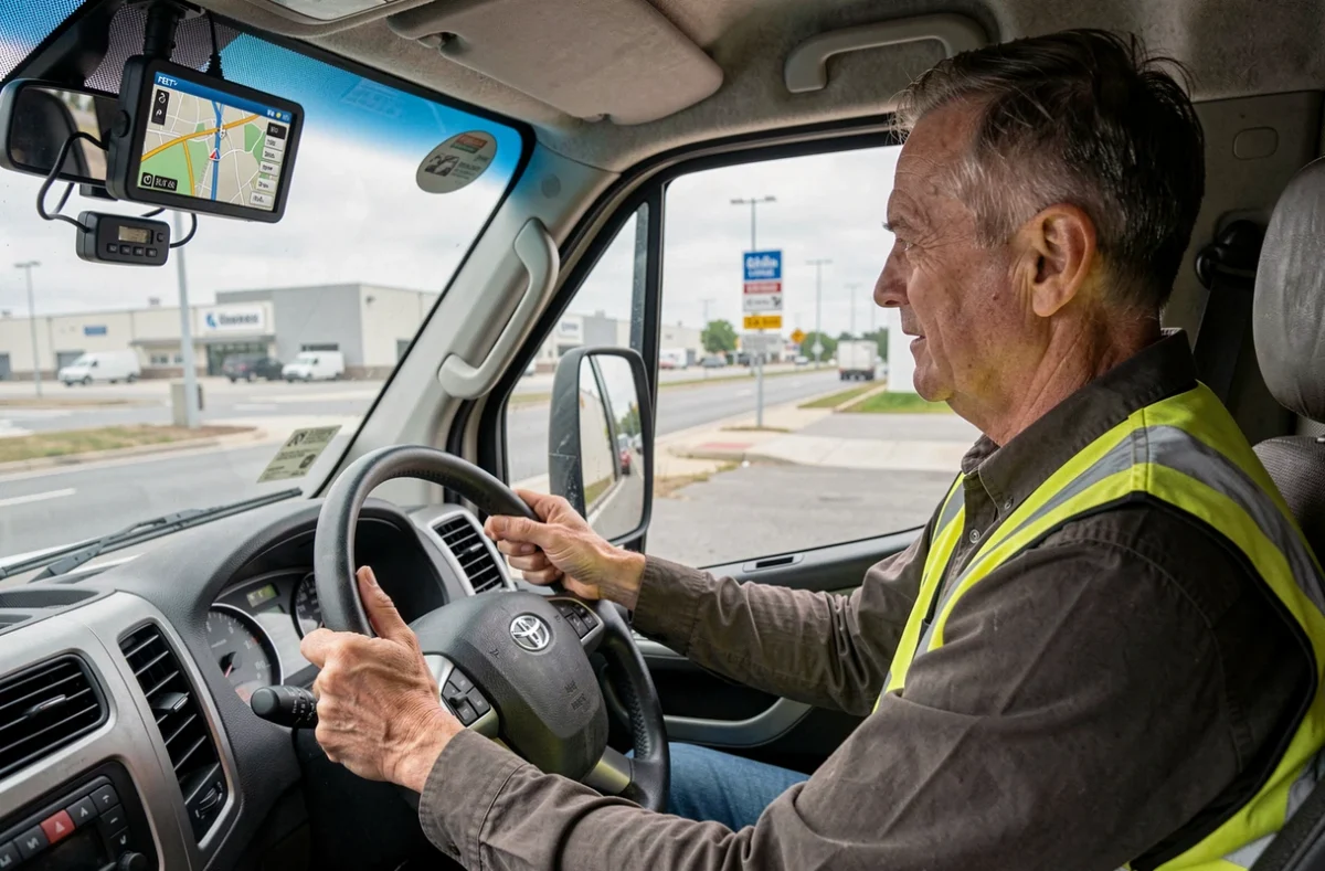 Conducteur de camion de livraison utilisant un système de géolocalisation GPS monté sur le pare-brise pour le suivi de flotte en temps réel