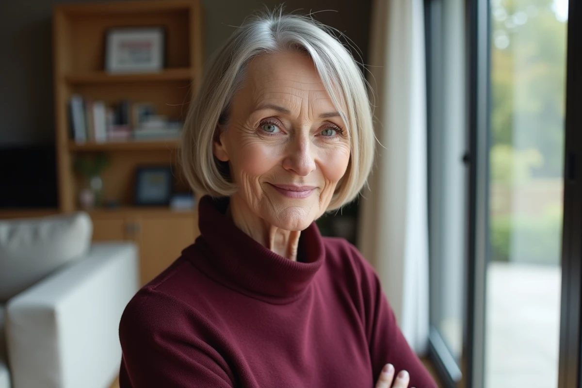 Femme de 70 ans avec une coupe courte bob blond cendré élégante en intérieur moderne
