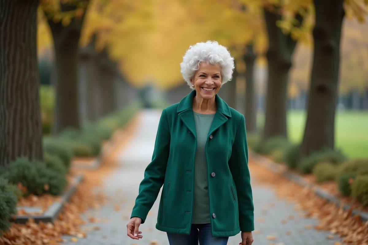 Femme de 70 ans avec une coupe courte bouclée blanche se promenant dans un parc urbain