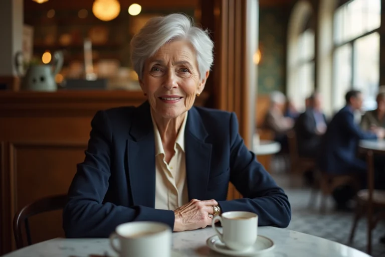 Femme de 70 ans élégante avec une coupe courte pixie argentée dans un café parisien
