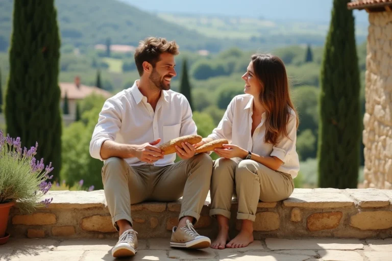 Jeune couple souriant sur une terrasse provençale
