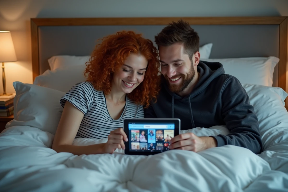 Couple regardant ensemble un catalogue de films sur une tablette allongés dans une chambre moderne grâce à un service VOD
