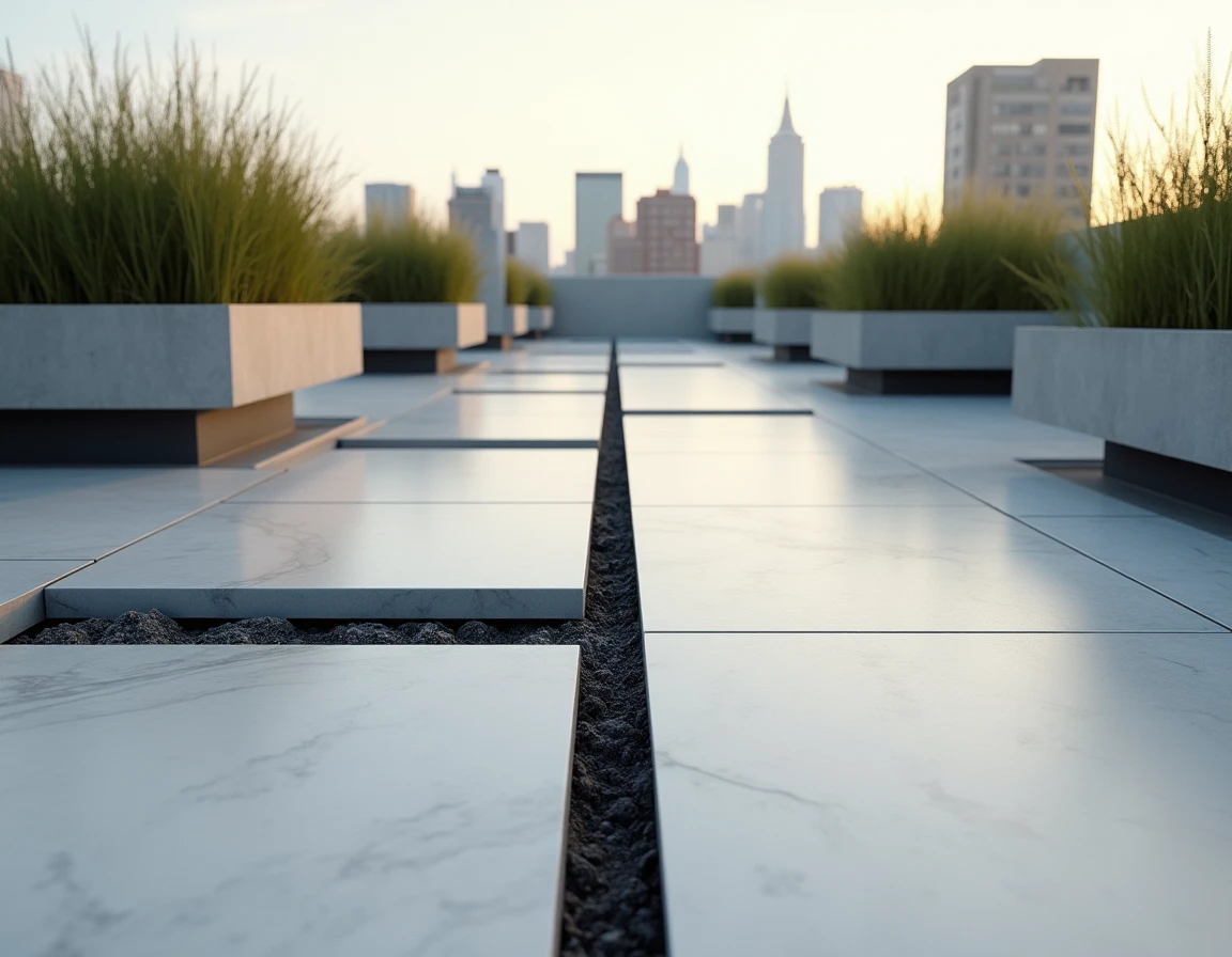 Dalles sur plots avec joints drainants sur terrasse rooftop, montrant le vide technique sous les dalles porcelaine posées sur supports réglables