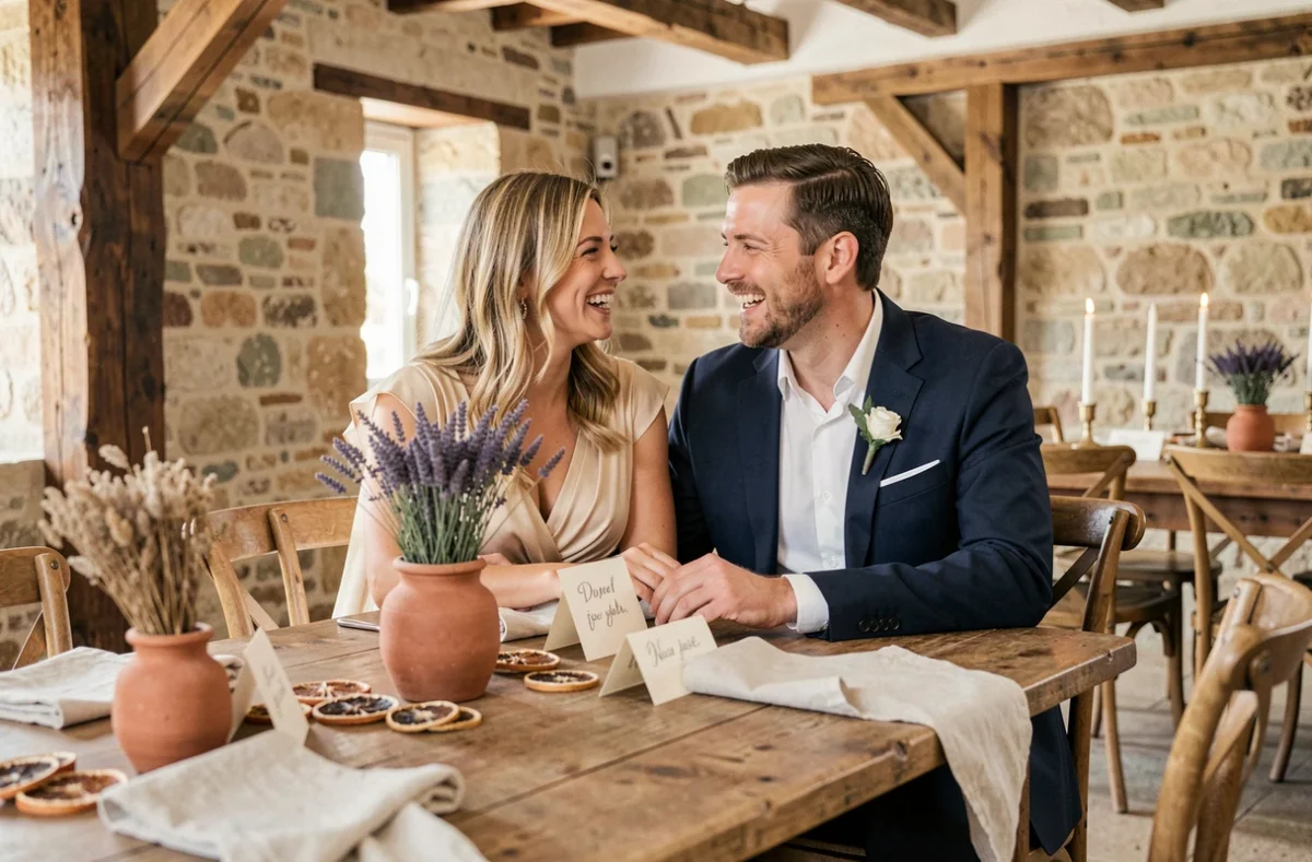 Couple de mariés riant à une table de réception rustique chic en Provence avec décoration tendance en lavande et terracotta