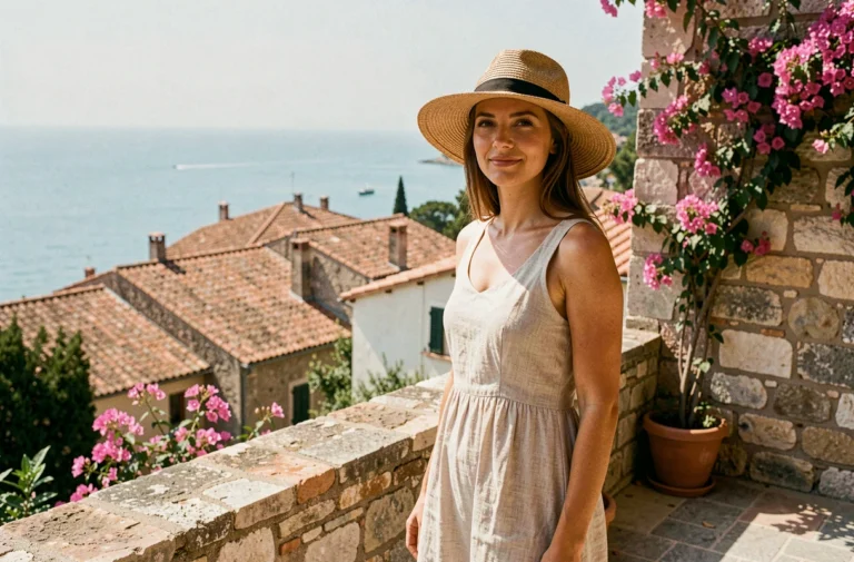 Femme en robe de lin sur une terrasse méditerranéenne avec vue sur un village côtier aux toits en tuile et mer turquoise, destination voyage 2025