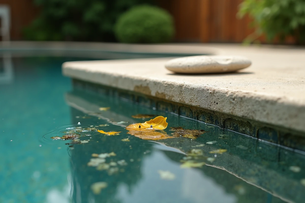 Détail de la paroi d'une piscine sans skimmer avec biofilm naturel et feuilles flottantes en surface
