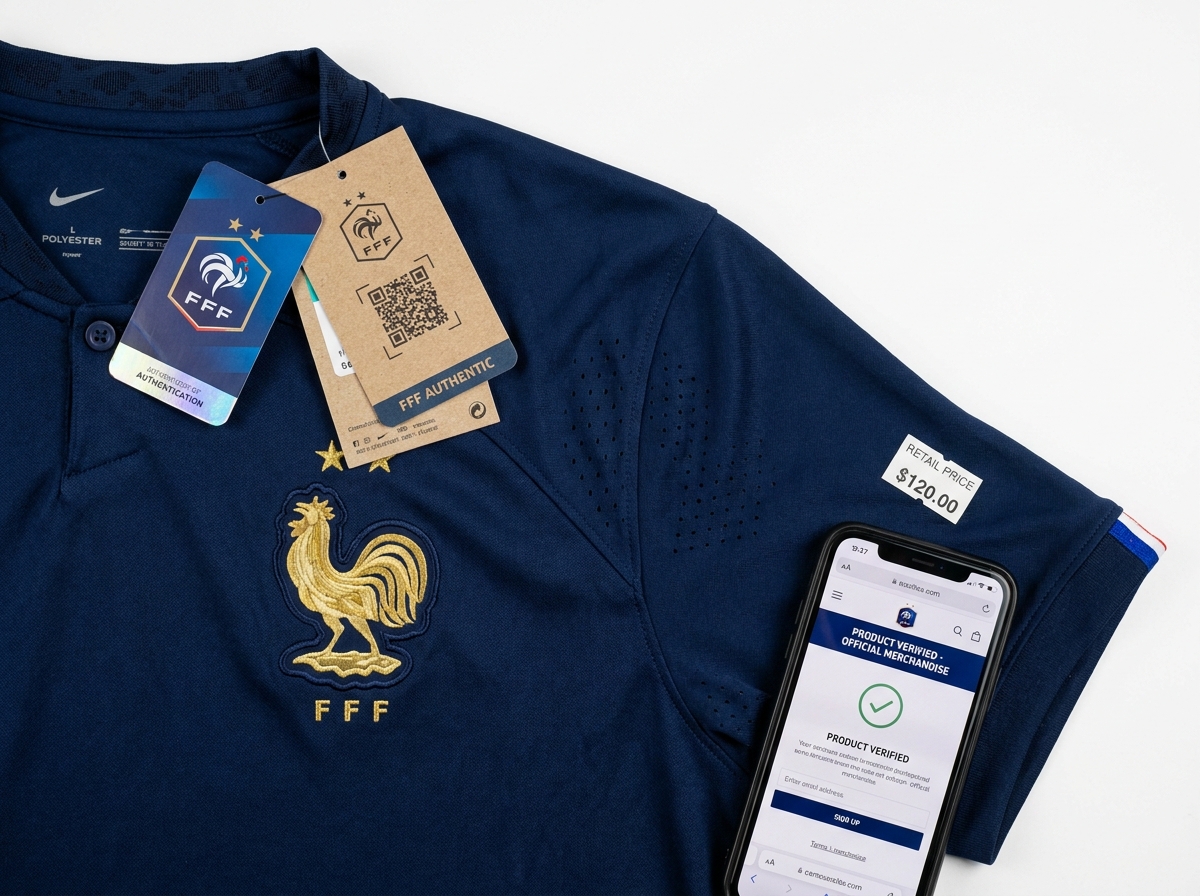 Détails d'un maillot officiel de l'équipe de France avec étiquette d'authenticité et QR code