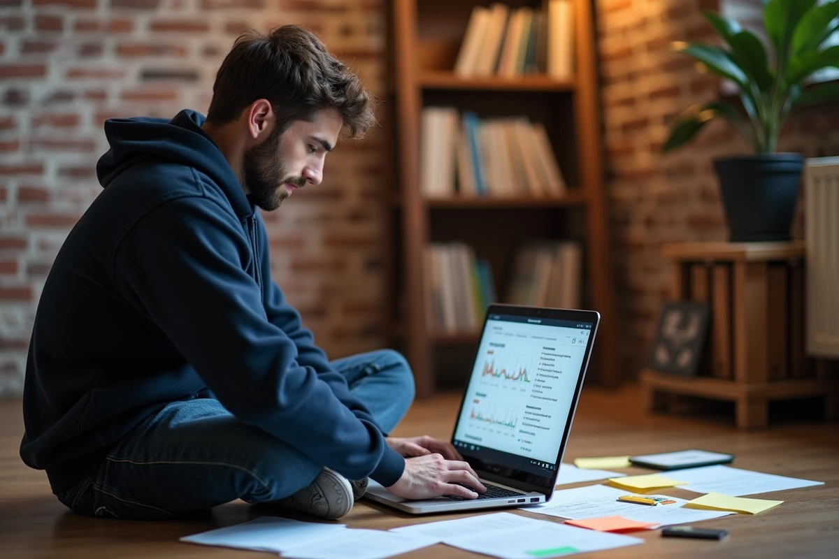 Un développeur travaillant sur un audit SEO avec des rapports imprimés et un ordinateur portable affichant Google Search Console