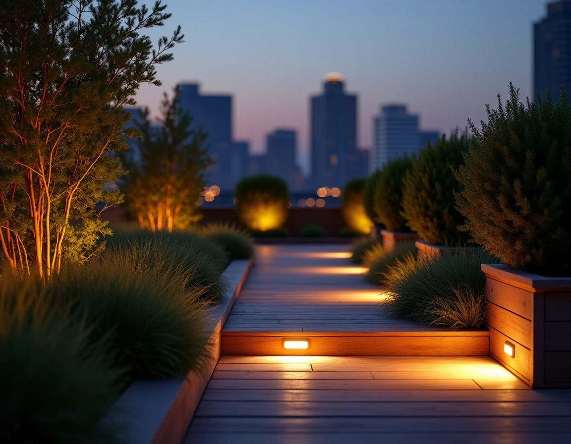 Éclairage basse tension encastré dans les lames de terrasse bois et balisage végétal au crépuscule sur un rooftop urbain