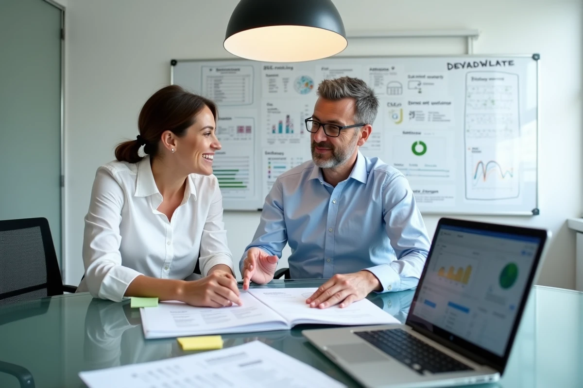 Deux professionnels du marketing collaborant sur une stratégie de référencement naturel avec des outils SEO en réunion