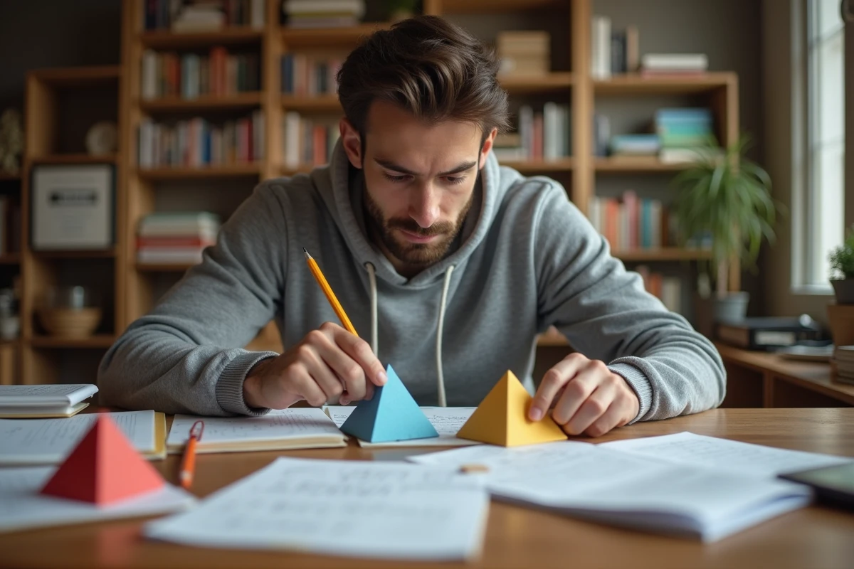 Étudiant comparant une pyramide triangulaire et un prisme triangulaire en carton pour comprendre la formule du volume divisé par trois
