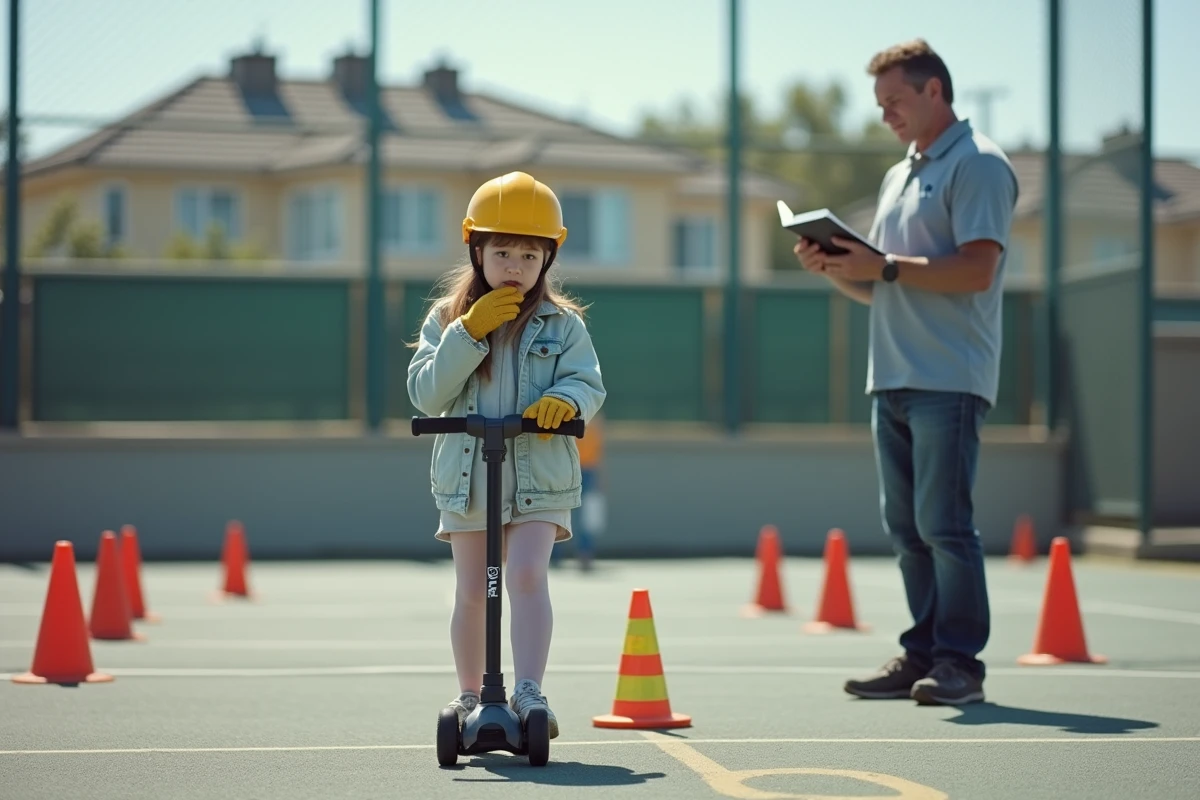 Adolescente en casque jaune réalisant des exercices de maniabilité sur scooter lors d'une épreuve pratique du BSR au collège