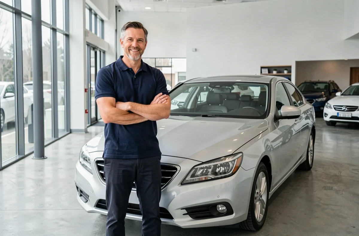 Expert automobile en polo marine présentant une berline argentée dans une concession automobile moderne aux sols en béton poli
