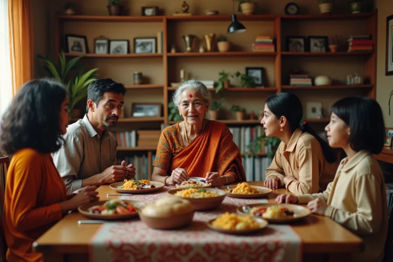 Famille multigénérationnelle d'origine sud-asiatique réunie autour d'un repas traditionnel dans un appartement urbain, illustrant la transmission culturelle au sein de la diaspora