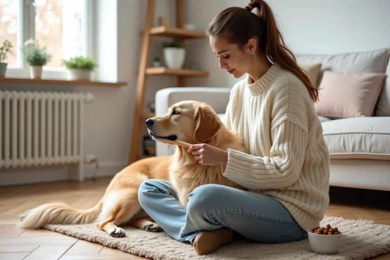 Jeune femme brossant son golden retriever dans un salon scandinave cosy, soin et bien-être de l'animal de compagnie