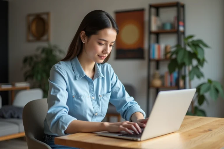 Jeune femme travaillant sur son ordinateur dans un appartement cosy