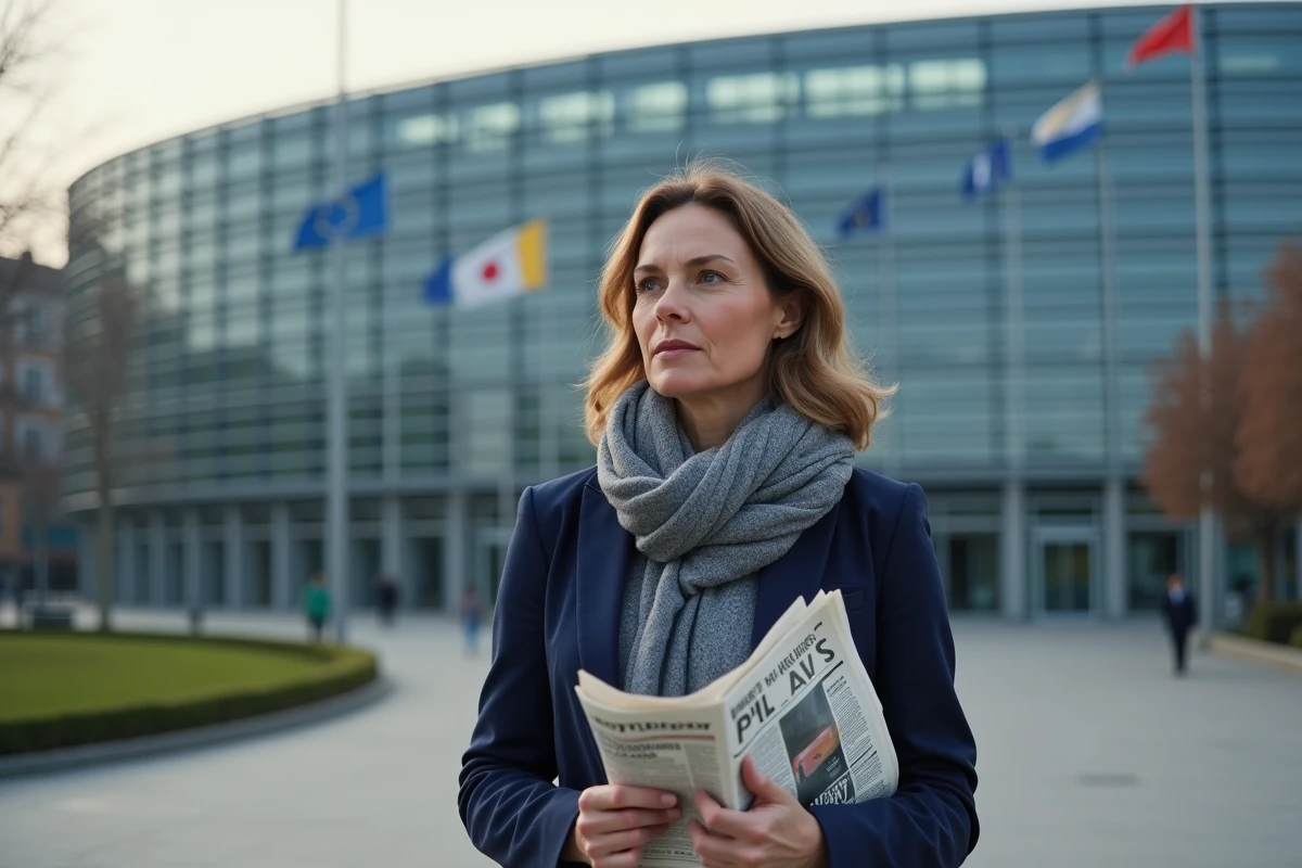 Femme contemplant devant le parlement européen