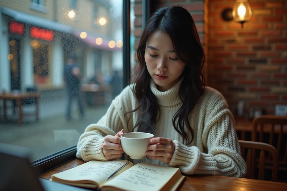 Jeune femme d'origine est-asiatique pensive dans un café urbain, avec un carnet bilingue ouvert évoquant l'identité complexe et le déracinement culturel vécu par les membres de la diaspora