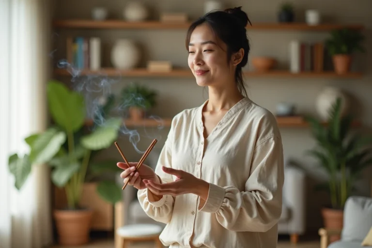 Femme méditant avec encens dans un salon lumineux