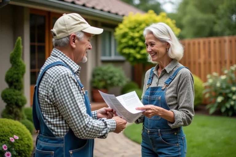 Femme en jardinage souriante tendant un flyer à un voisin âgé