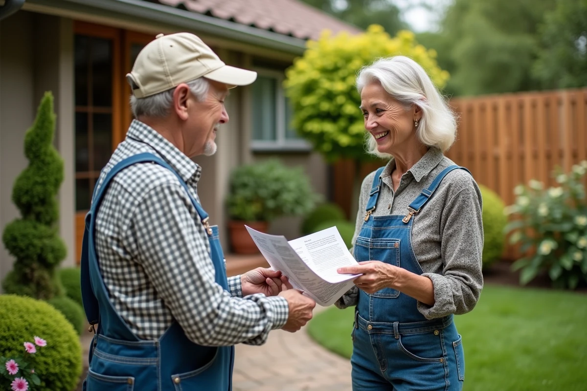 Femme en jardinage souriante tendant un flyer à un voisin âgé