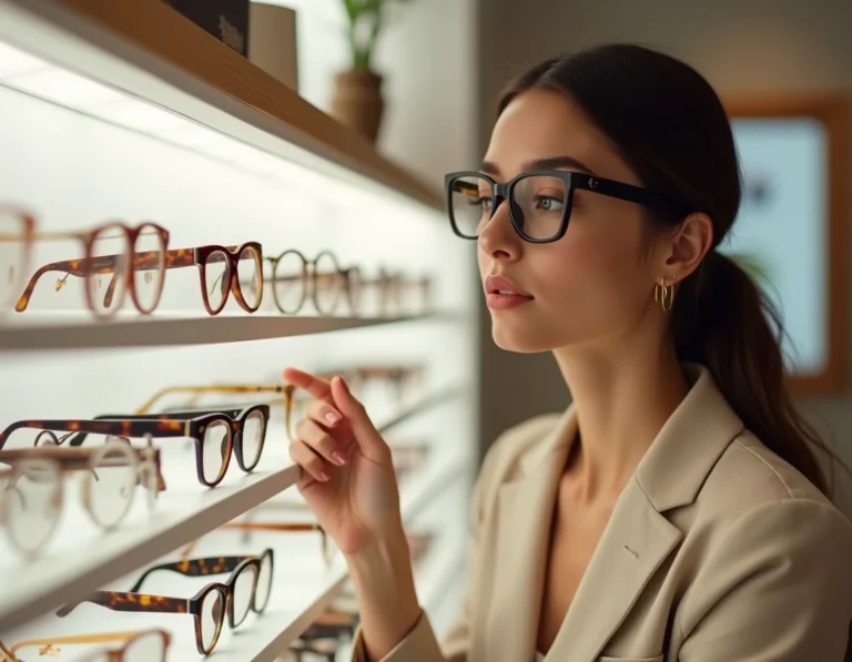 Femme aux lunettes de vue tendance 2024 en monture acetate ecaille dans une boutique d'optique moderne et minimaliste