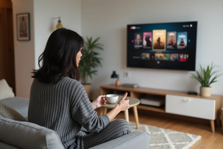 Femme naviguant sur une interface VOD depuis son canapé devant un grand écran smart TV dans un salon moderne