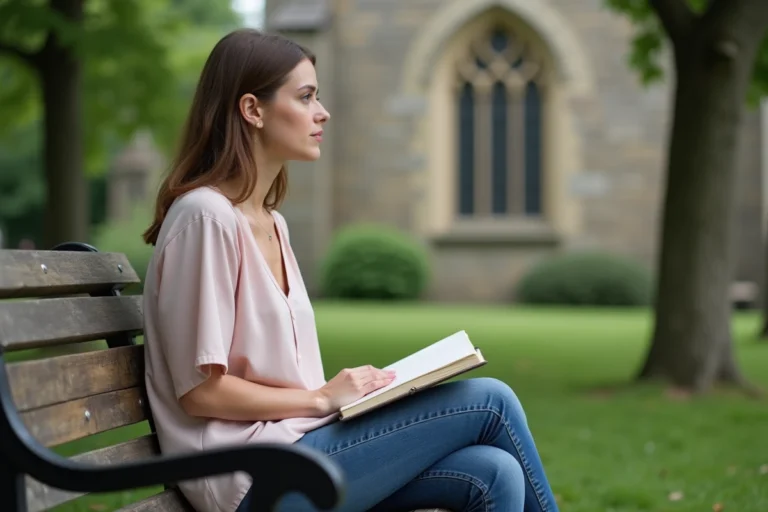 Femme assise sur un banc de parc en pleine réflexion