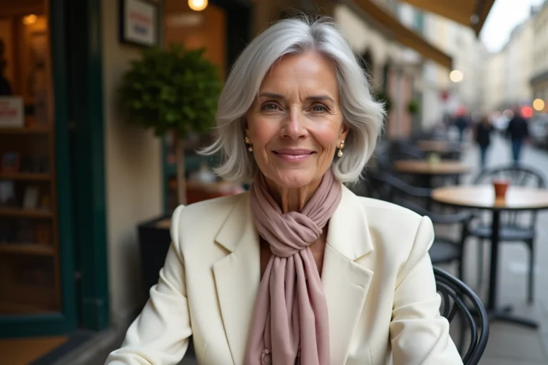 Femme élégante de 60 ans assise dans un café parisien