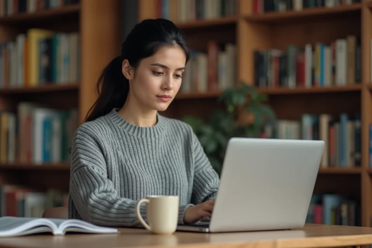 Femme téléchargeant un magazine en PDF sur son ordinateur portable dans un bureau à domicile confortable