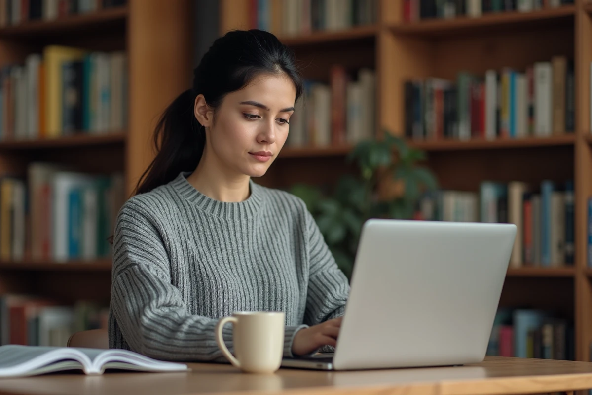 Femme téléchargeant un magazine en PDF sur son ordinateur portable dans un bureau à domicile confortable