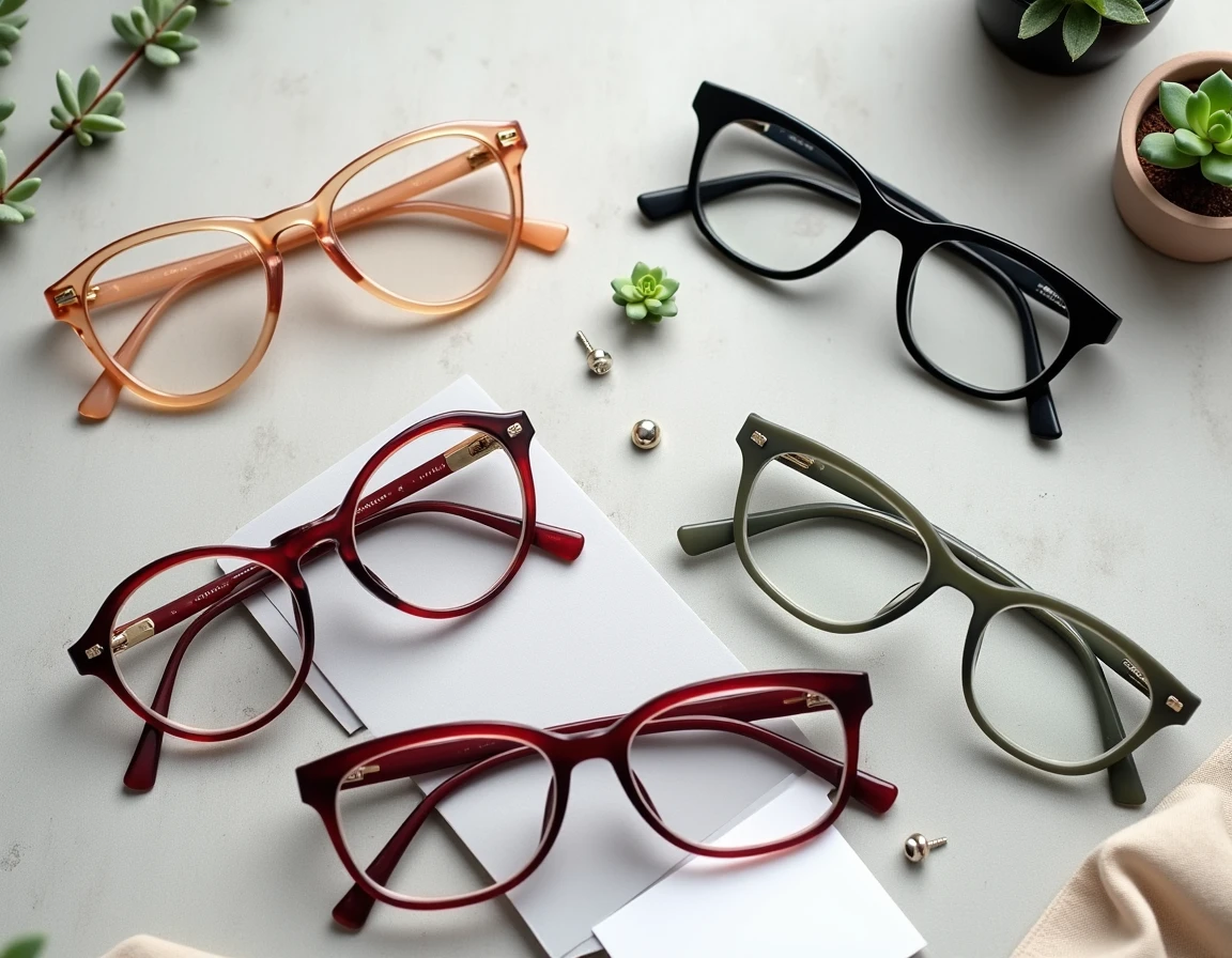 Flat-lay de cinq paires de lunettes de vue tendances 2024 sur fond beton gris incluant montures rondes acetate cat-eye et titanium