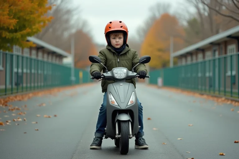 Jeune adolescent en casque de sécurité assis sur un scooter 50cc lors d'une formation BSR dans un parking de collège